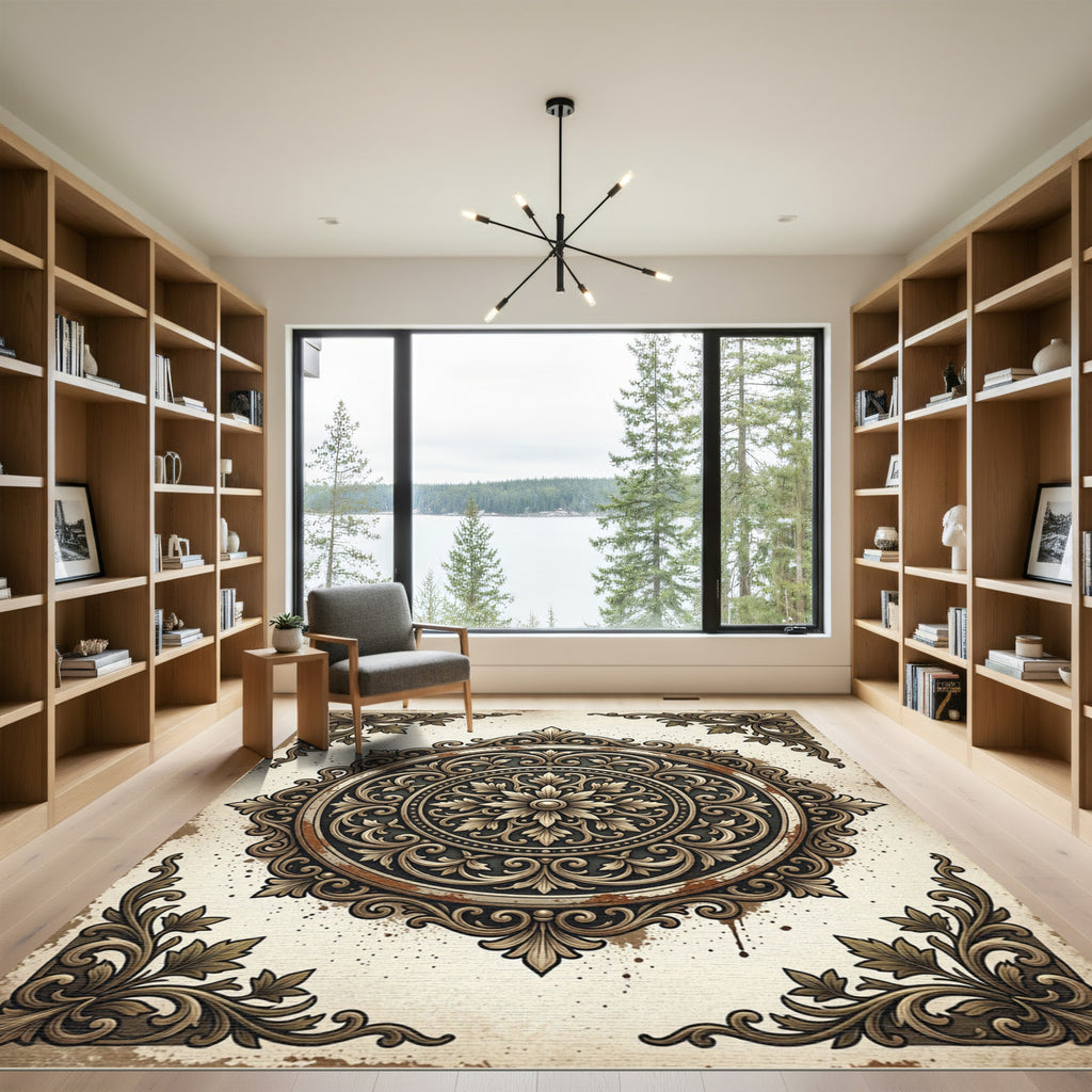 Ornate Gold Scrollwork Medallion Rug