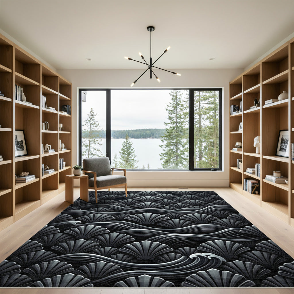 Monochromatic Gray Shell Wave Pattern Rug