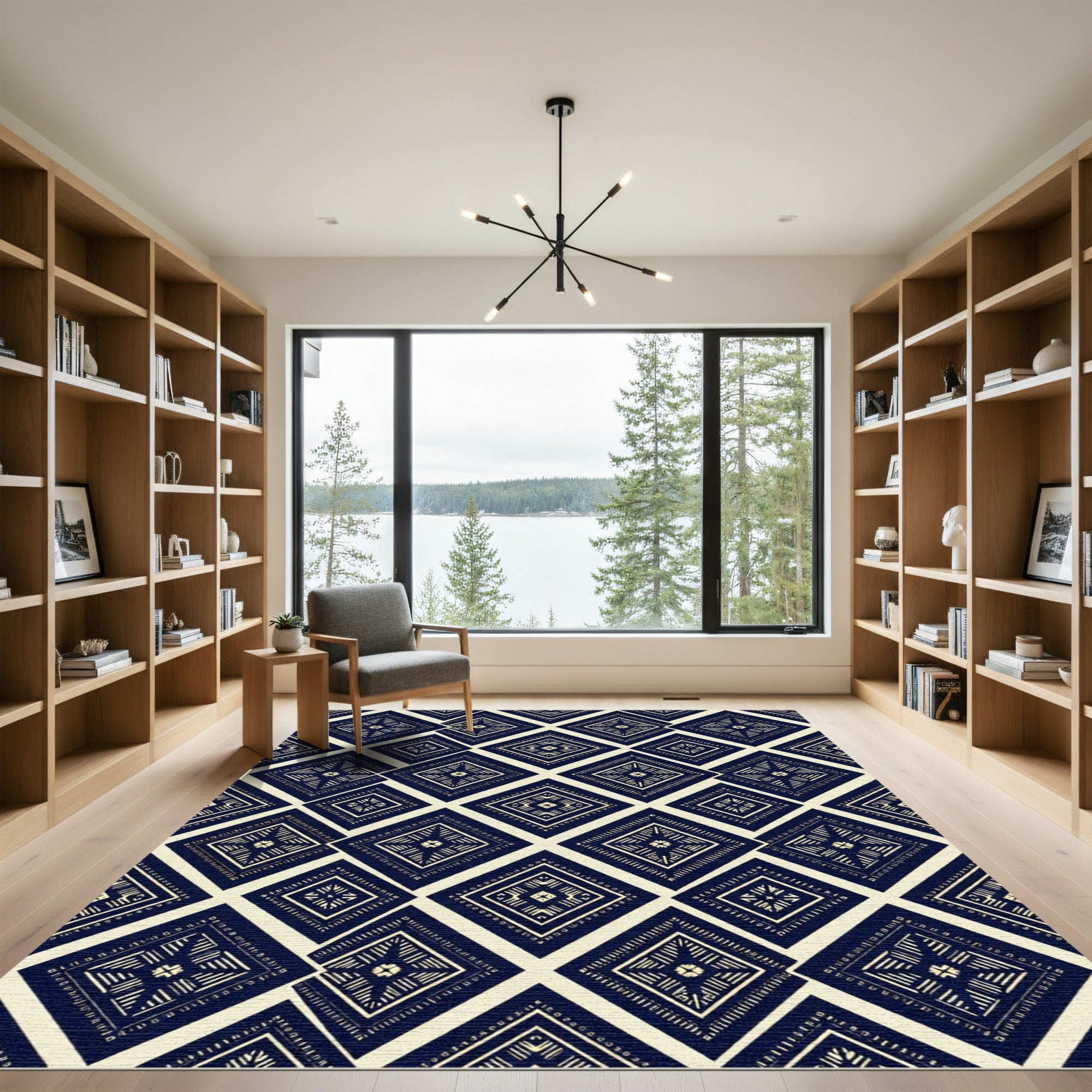 Navy Blue Geo Diamond Folk Art Rug