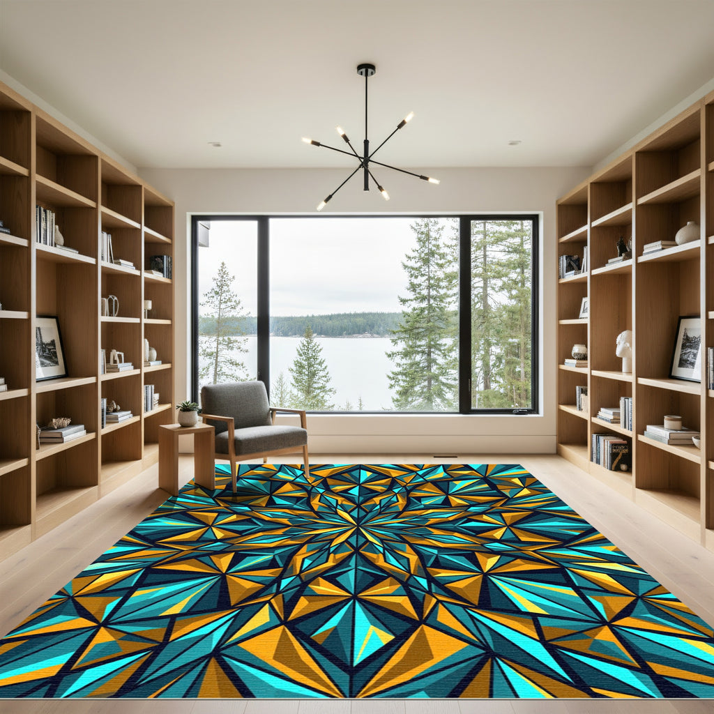 Geometric Teal Gold Starburst Rug