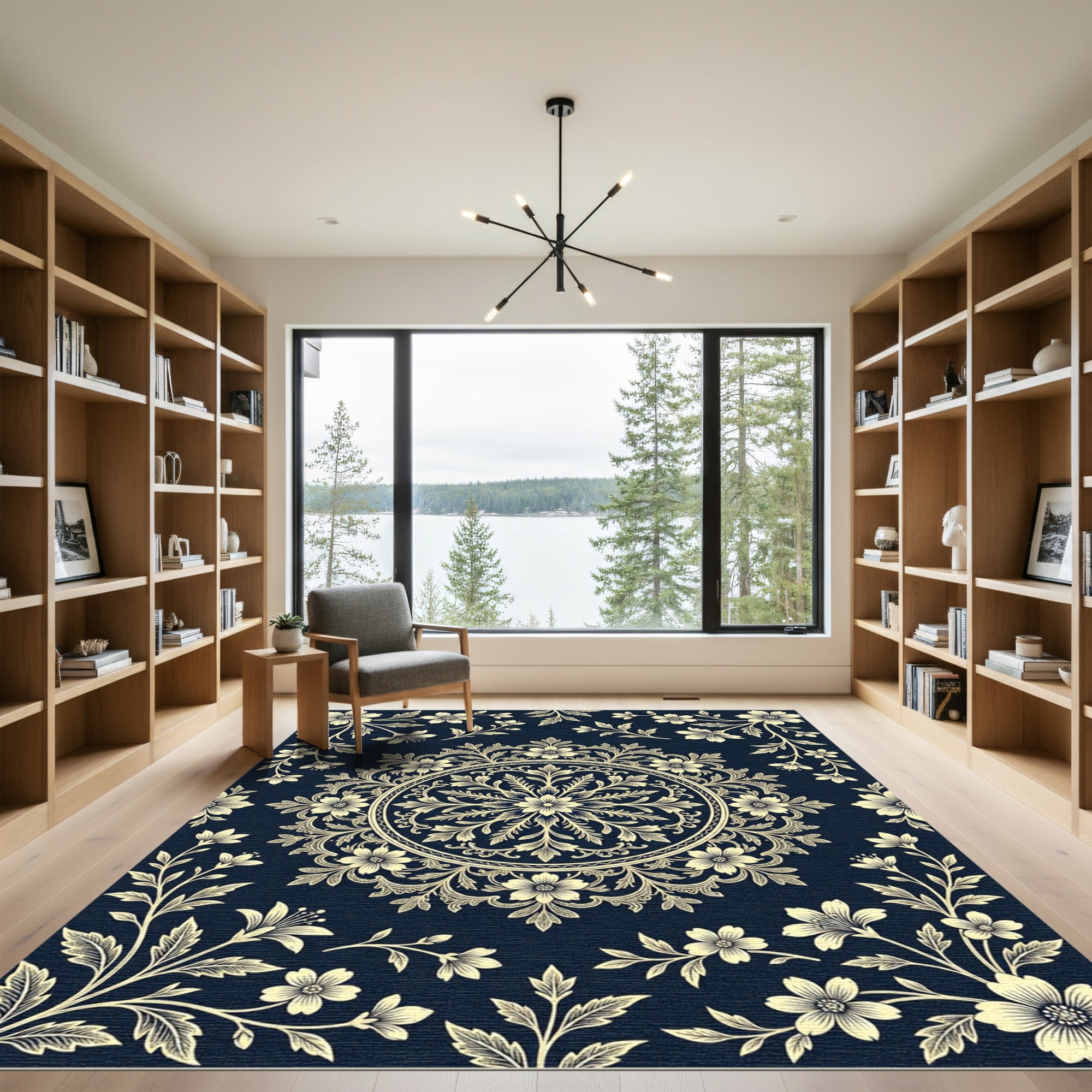 Navy Blue Cream Floral Damask Medallion Rug