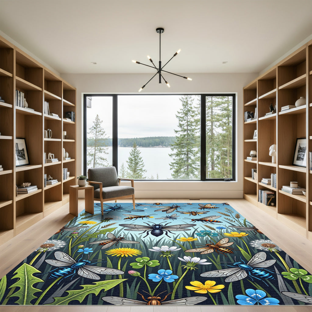 Vibrant Flying Insect Meadow Floral Garden Rug