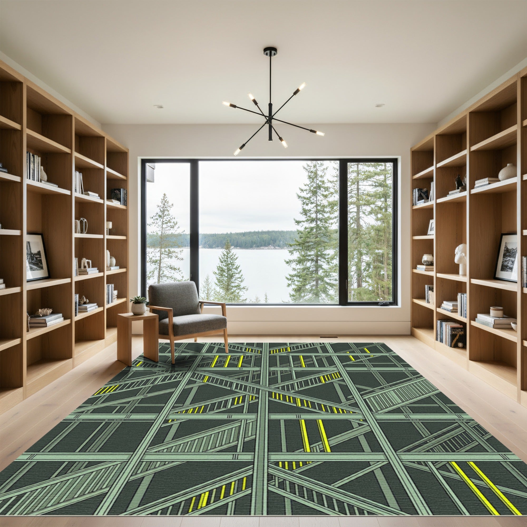 Industrial Green Geometric Staircase Array Rug