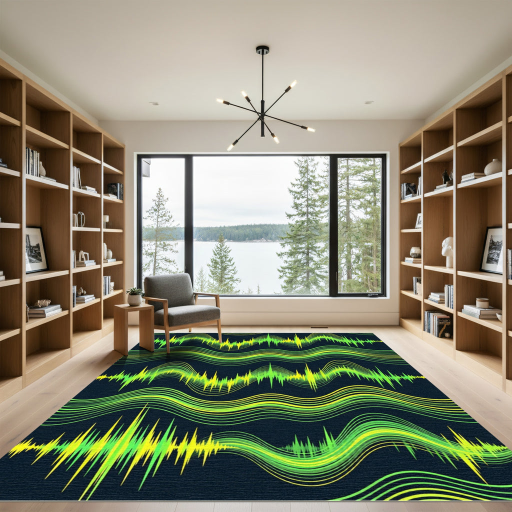 Vibrant Lime Green Waveform Lines Rug