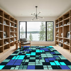 Modern Teal and Navy Grid Block Rug