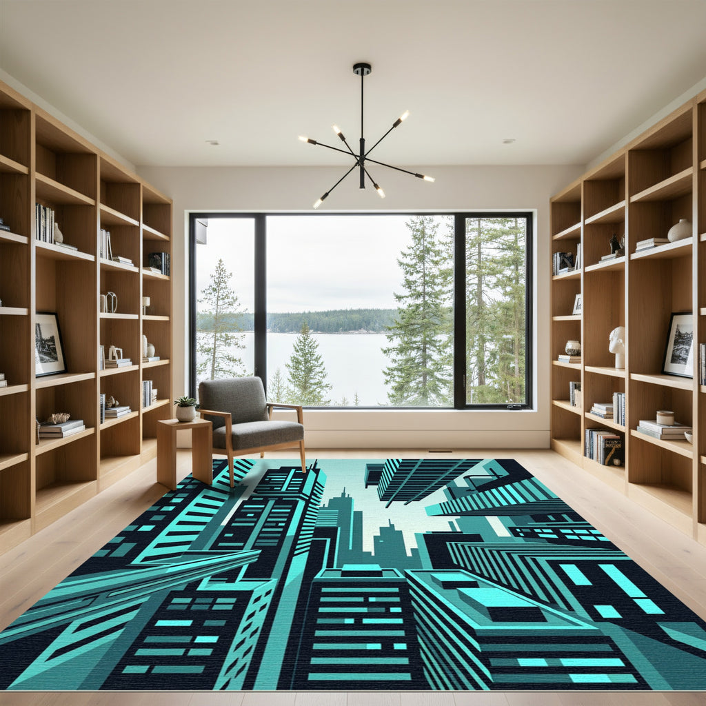 Futuristic Teal Geometric Skyscraper Skyline Rug