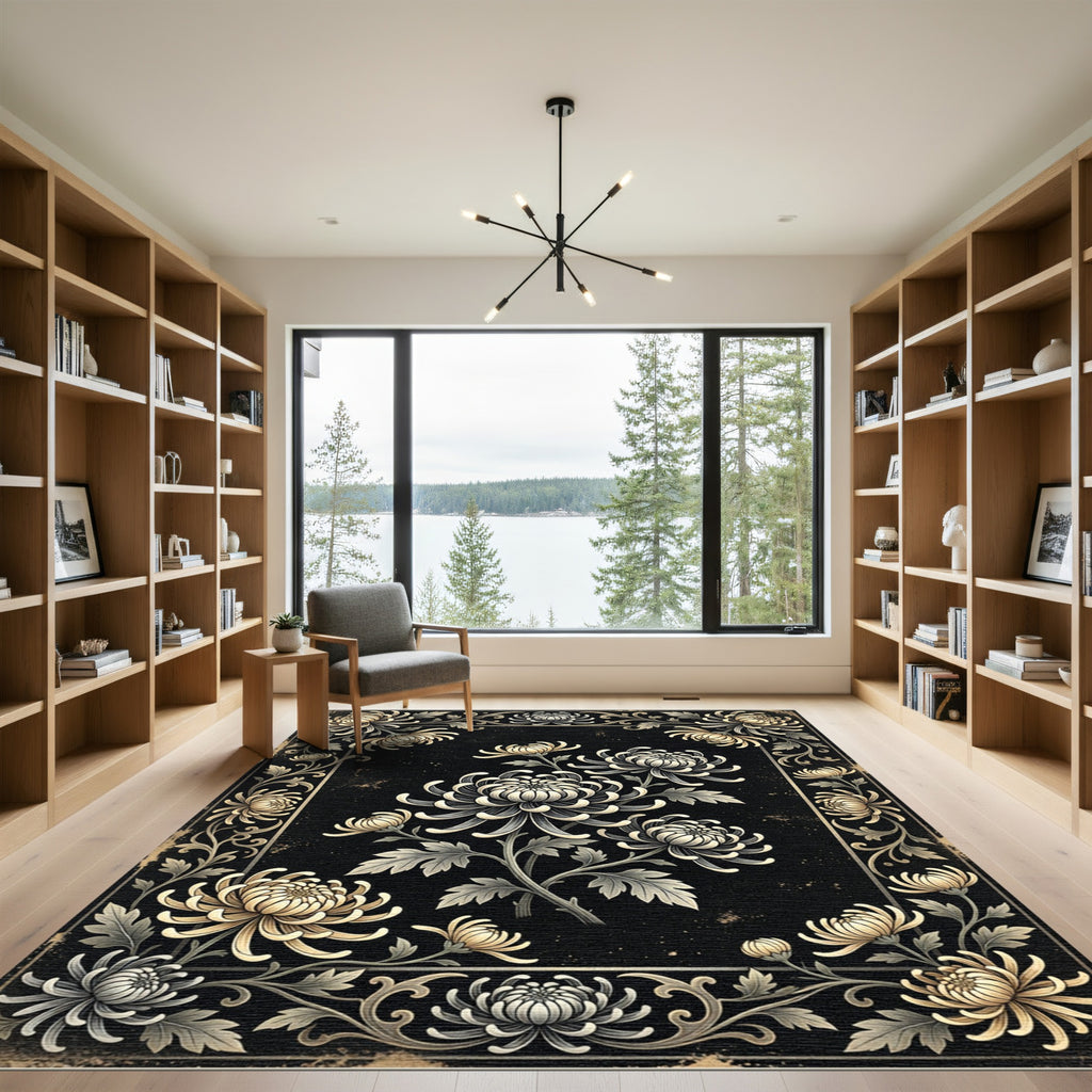 Golden Chrysanthemum Noir Botanical Illustration Rug
