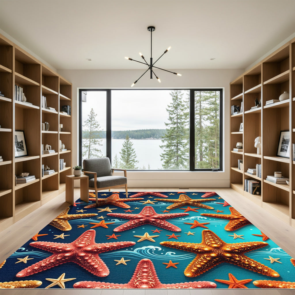 Vibrant Starfish Aquatic Ocean Blue Rug