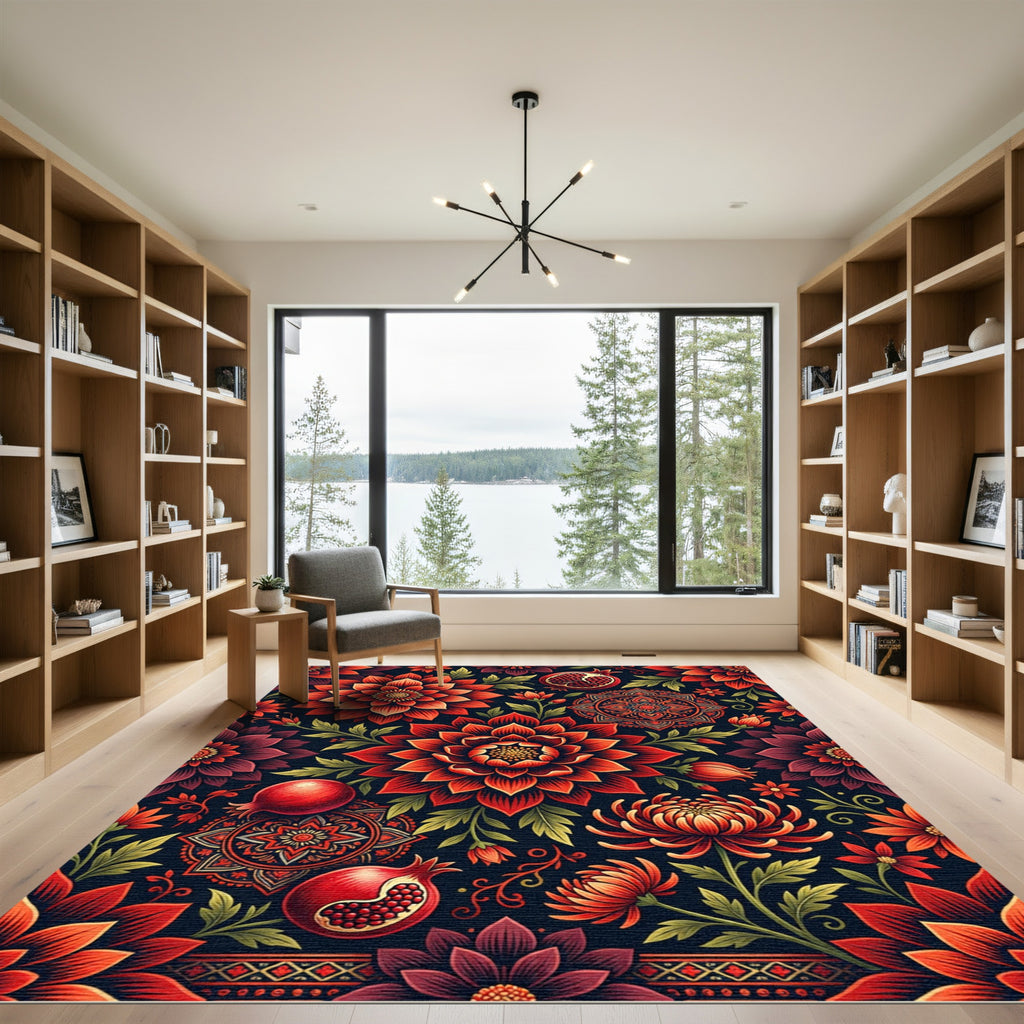 Crimson Red Floral Pomegranate Mandala Rug