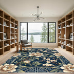 Elegant Navy Floral Peony Bamboo Art Rug