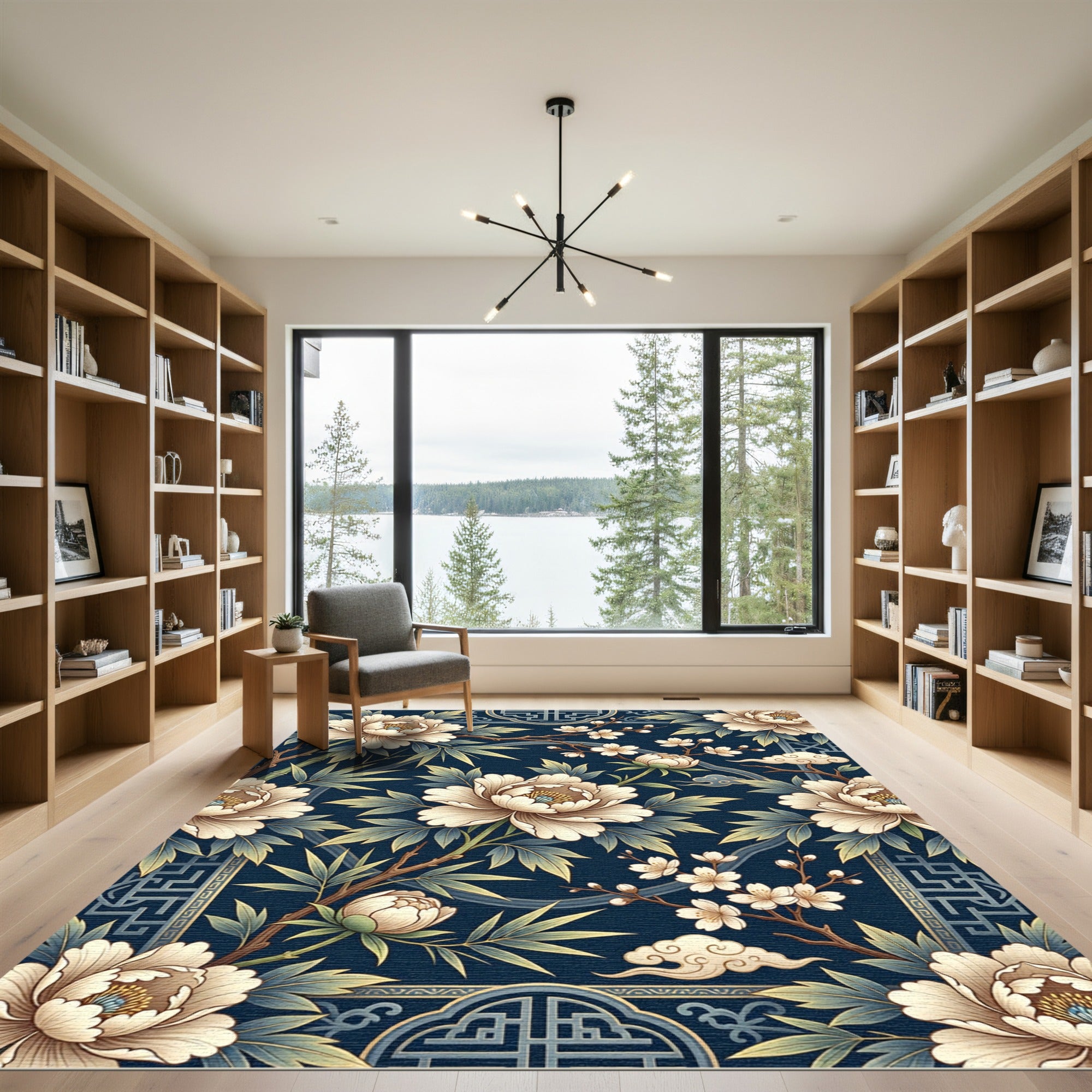 Elegant Navy Floral Peony Bamboo Art Rug