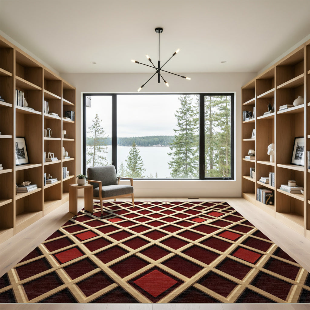 Crimson Lattice Diamond Field Rug