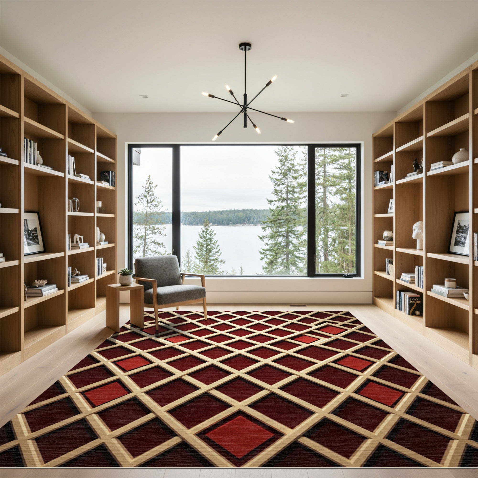 Crimson Lattice Diamond Field Rug