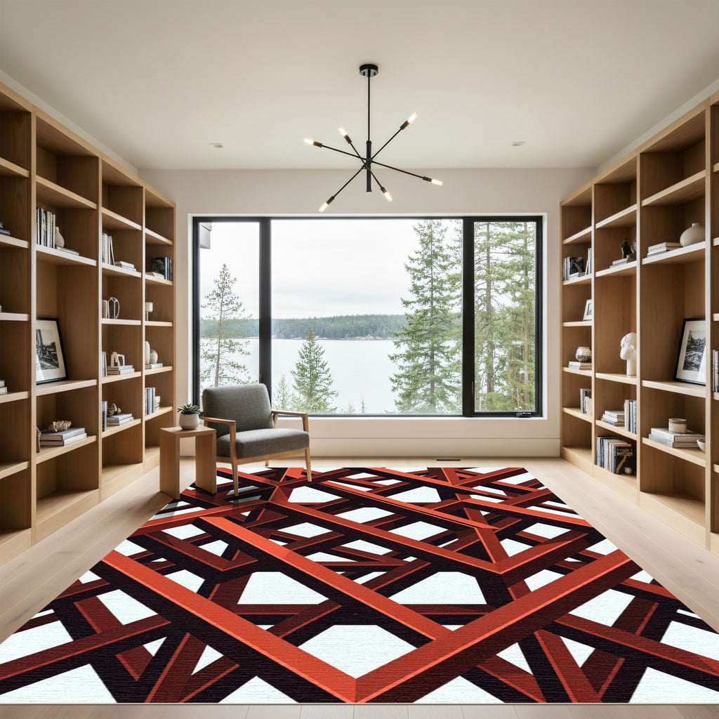 Geometric Crimson Intersecting Structural Grid Rug