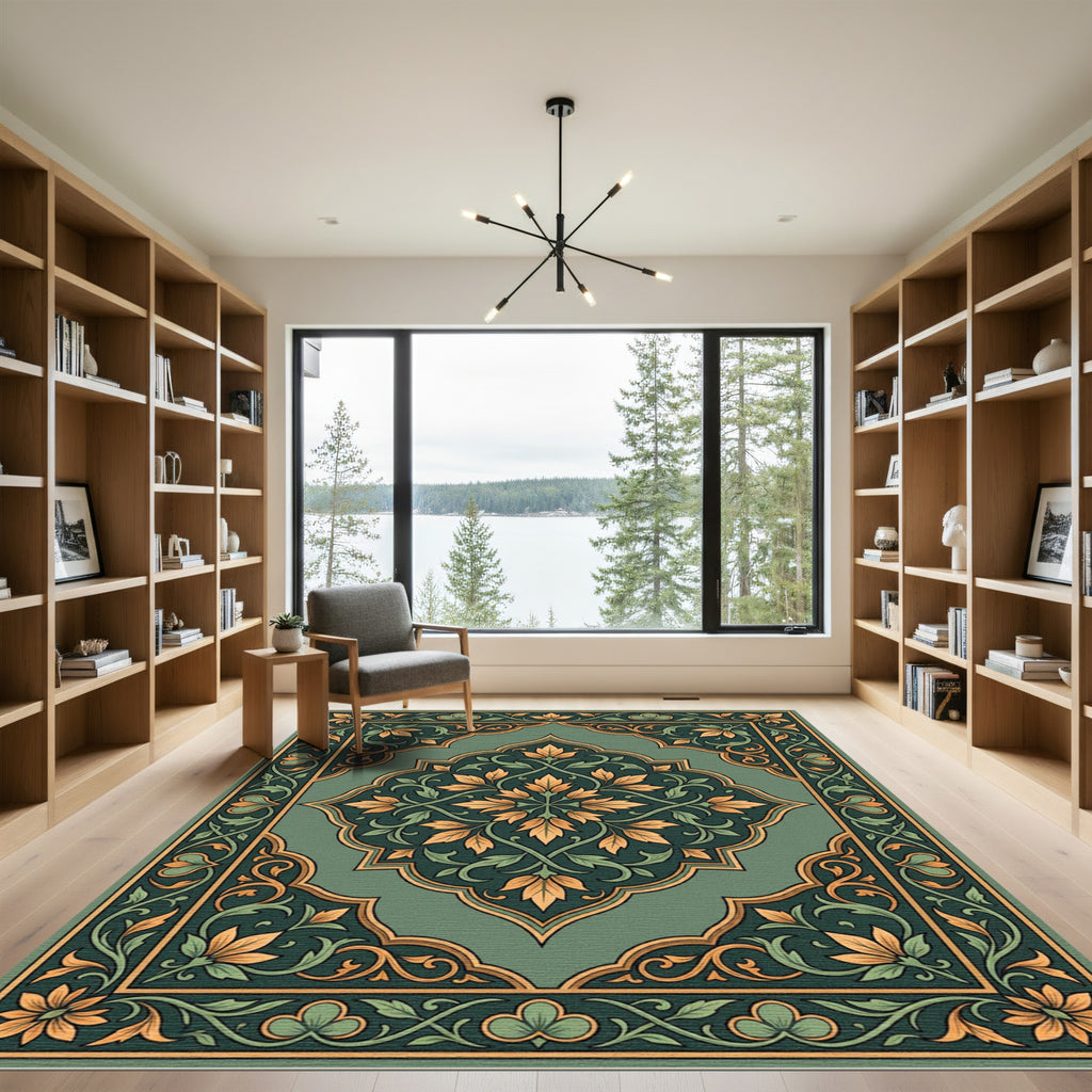 Emerald Gold Floral Inlay Medallion Rug