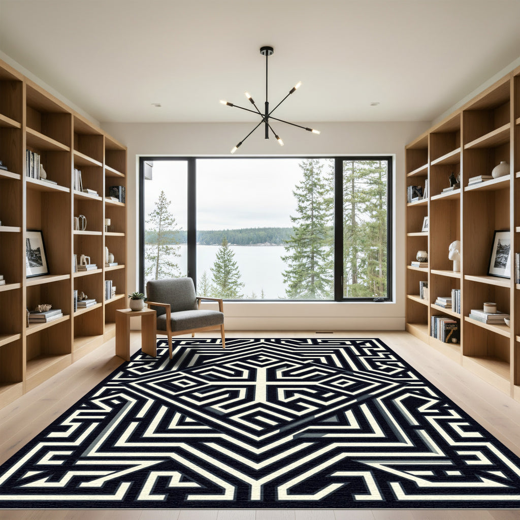 Monochromatic Geometric Maze Composition Rug