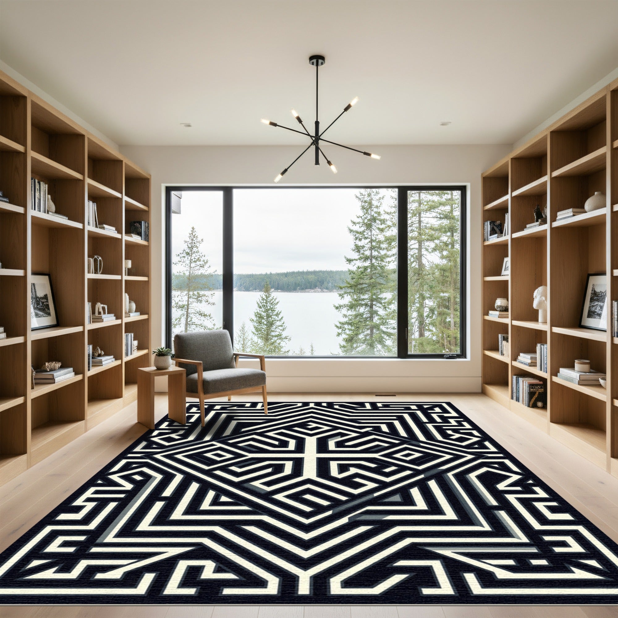 Monochromatic Geometric Maze Composition Rug
