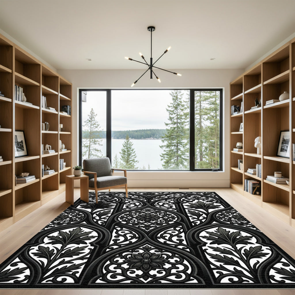Ornate Charcoal Gothic Arch Filigree Rug