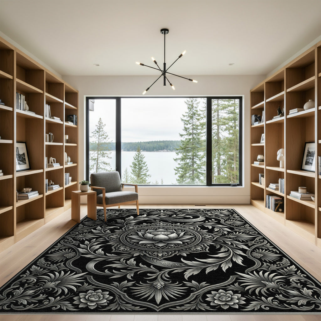 Monochromatic Silver Floral Lotus Medallion Rug