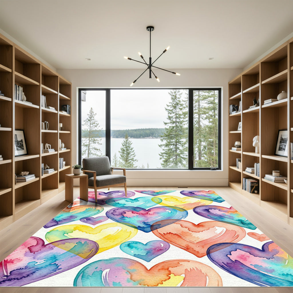 Watercolor Rainbow Heart Collage Rug