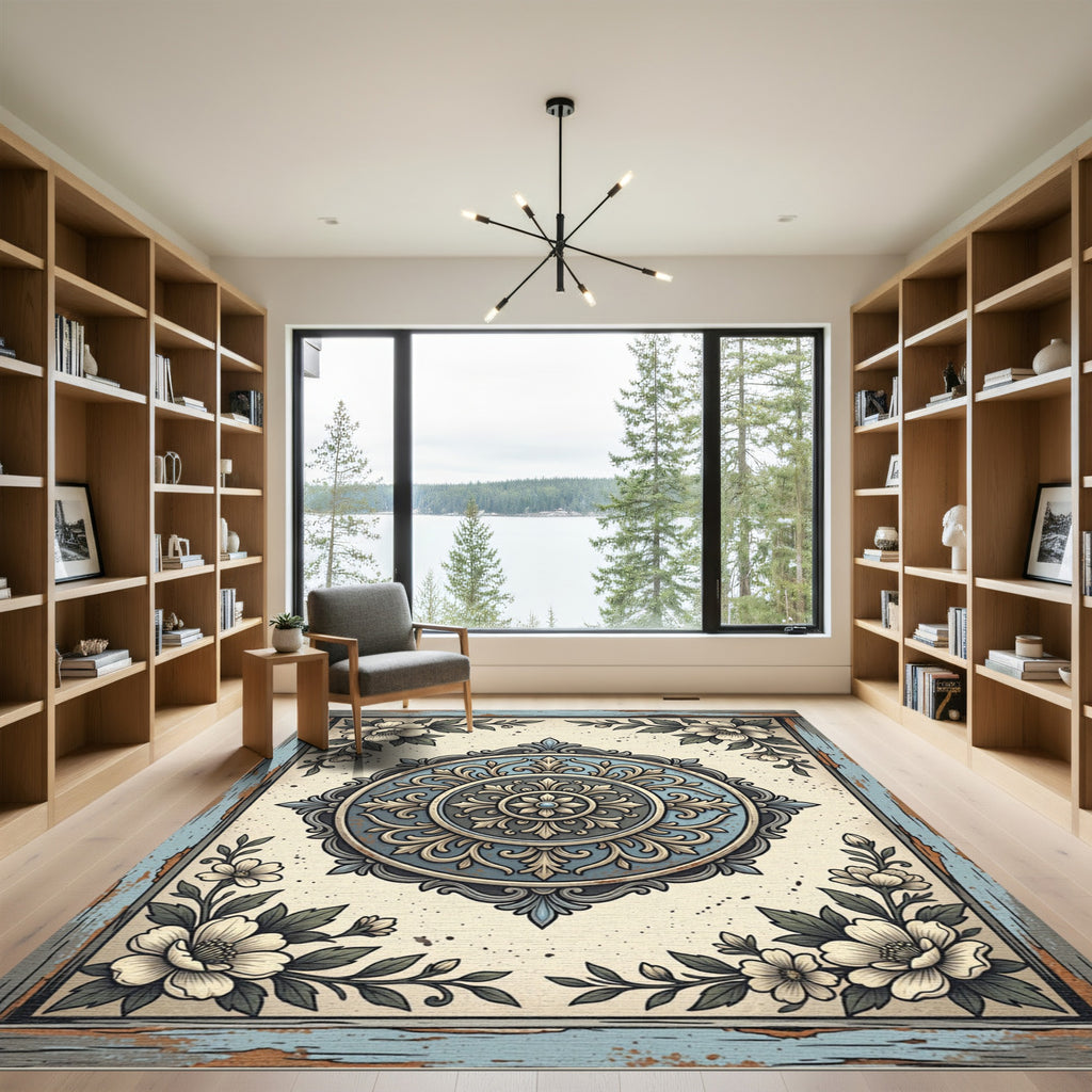 Classic Blue Floral Medallion Border Rug