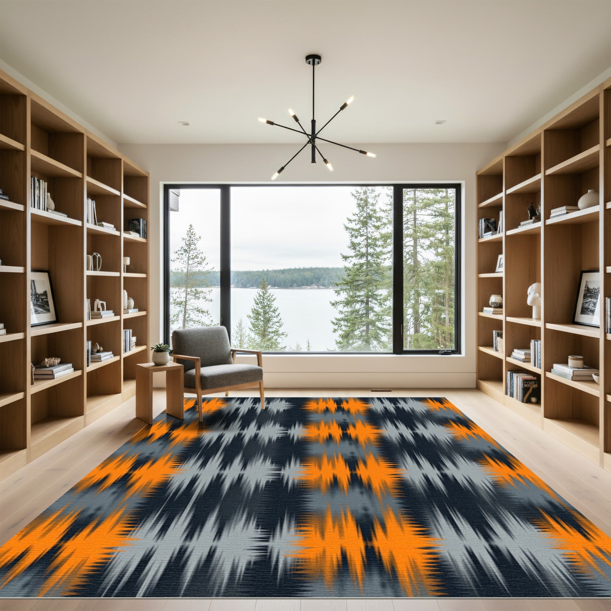 Modern Grey and Orange Zigzag Wave Rug