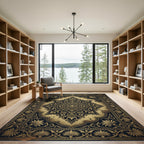 Ornate Golden Black Floral Medallion Rug