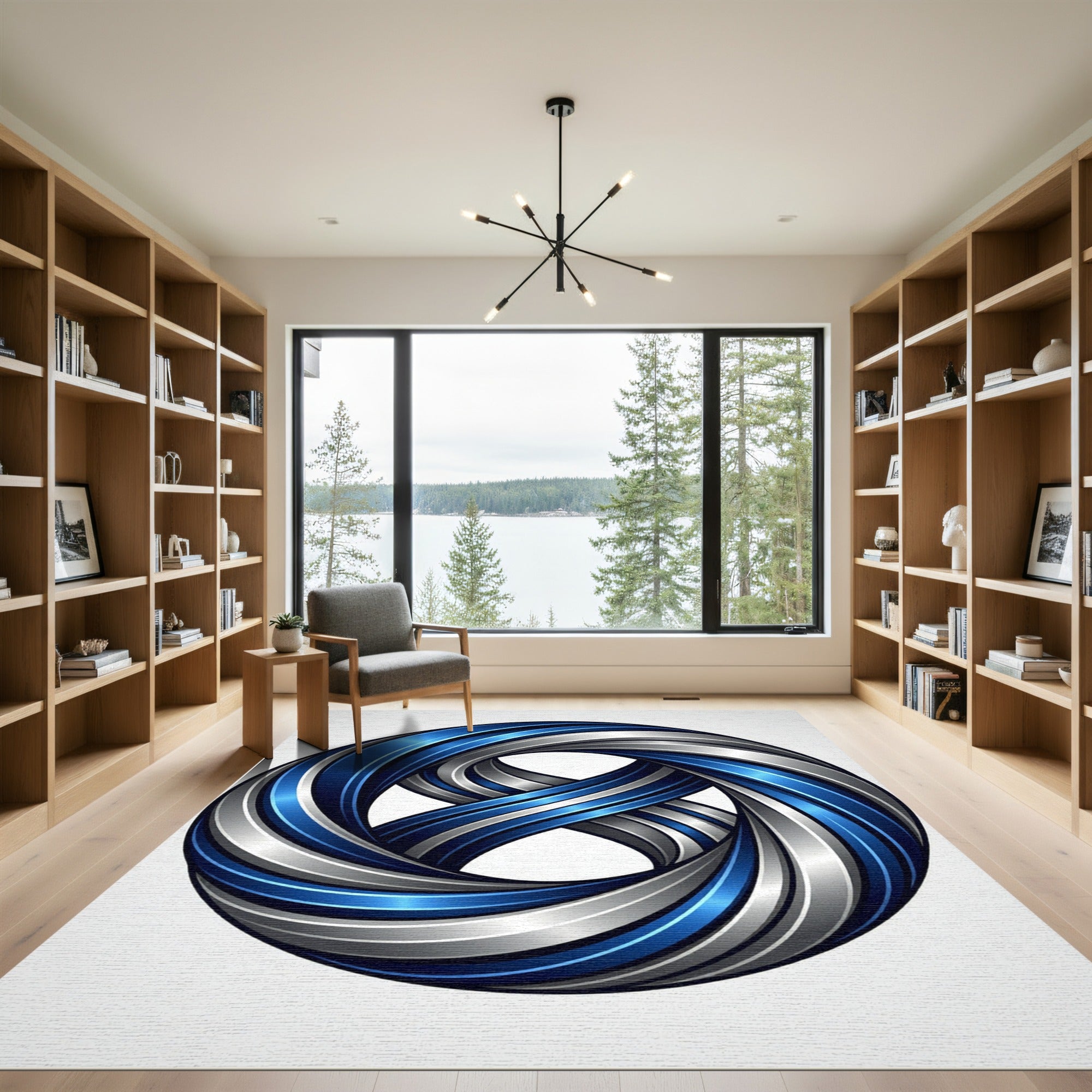 Circular Blue and Silver Infinity Knot Rug