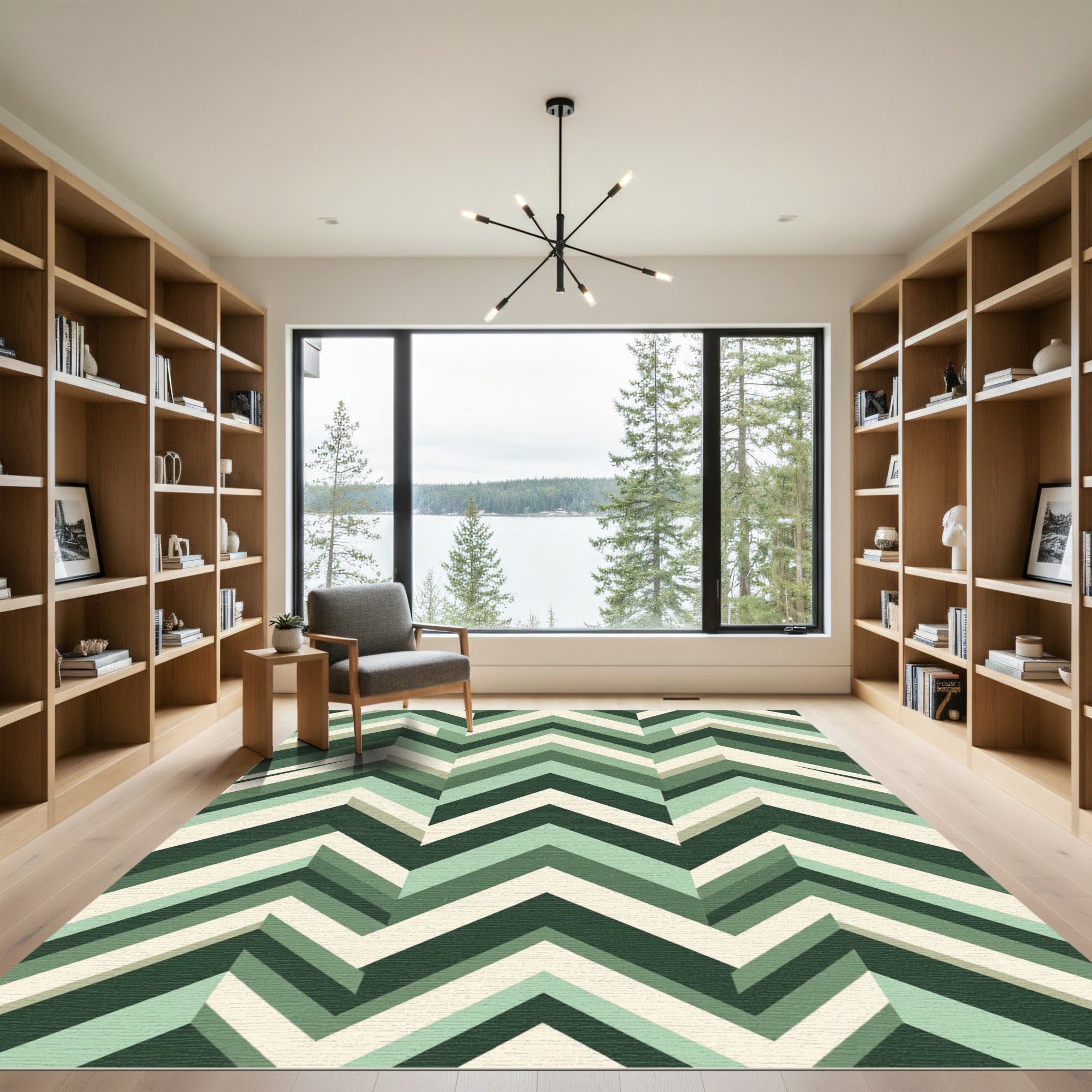 Modern Sage Green Geometric Zigzag Rug