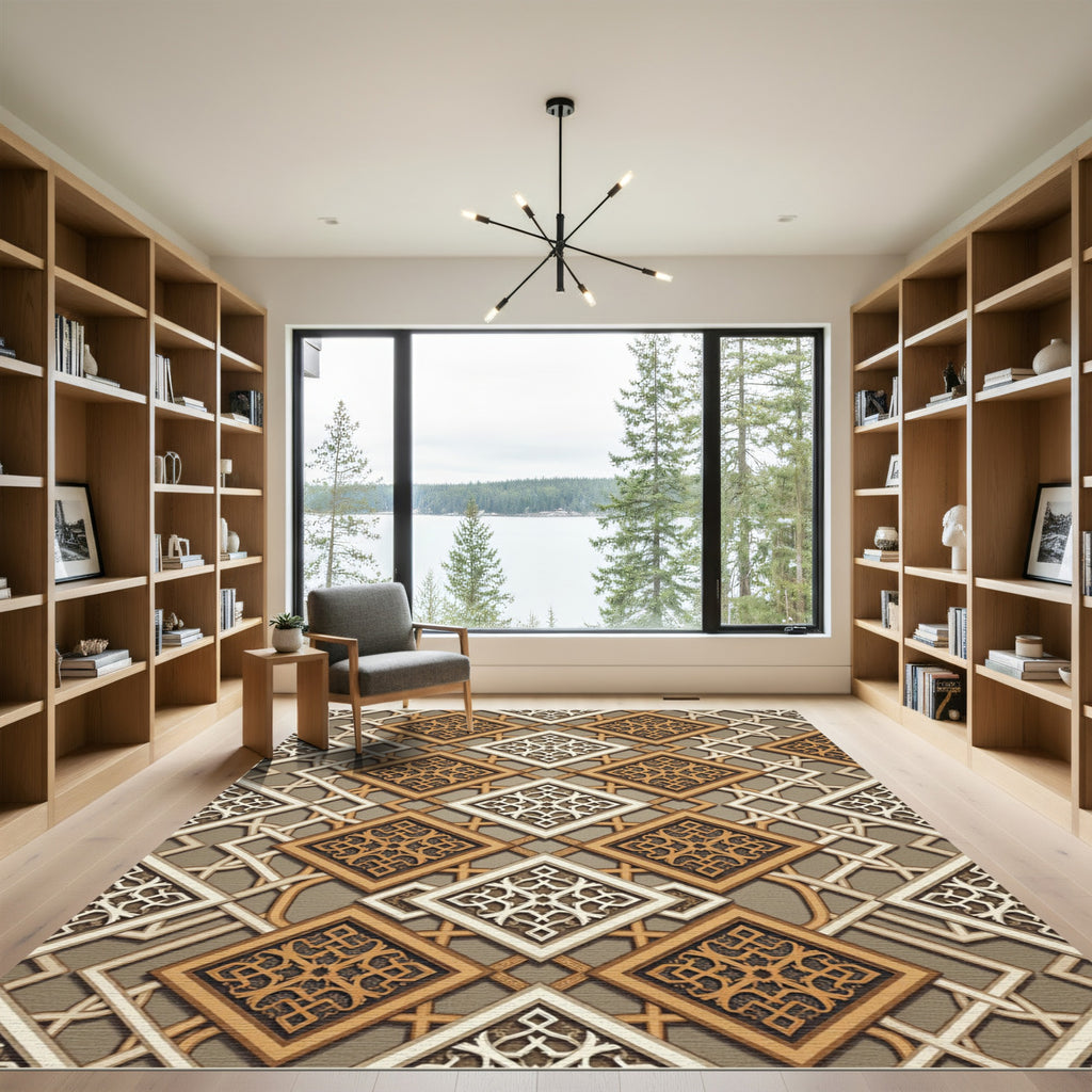 Gilded Geometric Lattice Interlocking Square Tile Rug