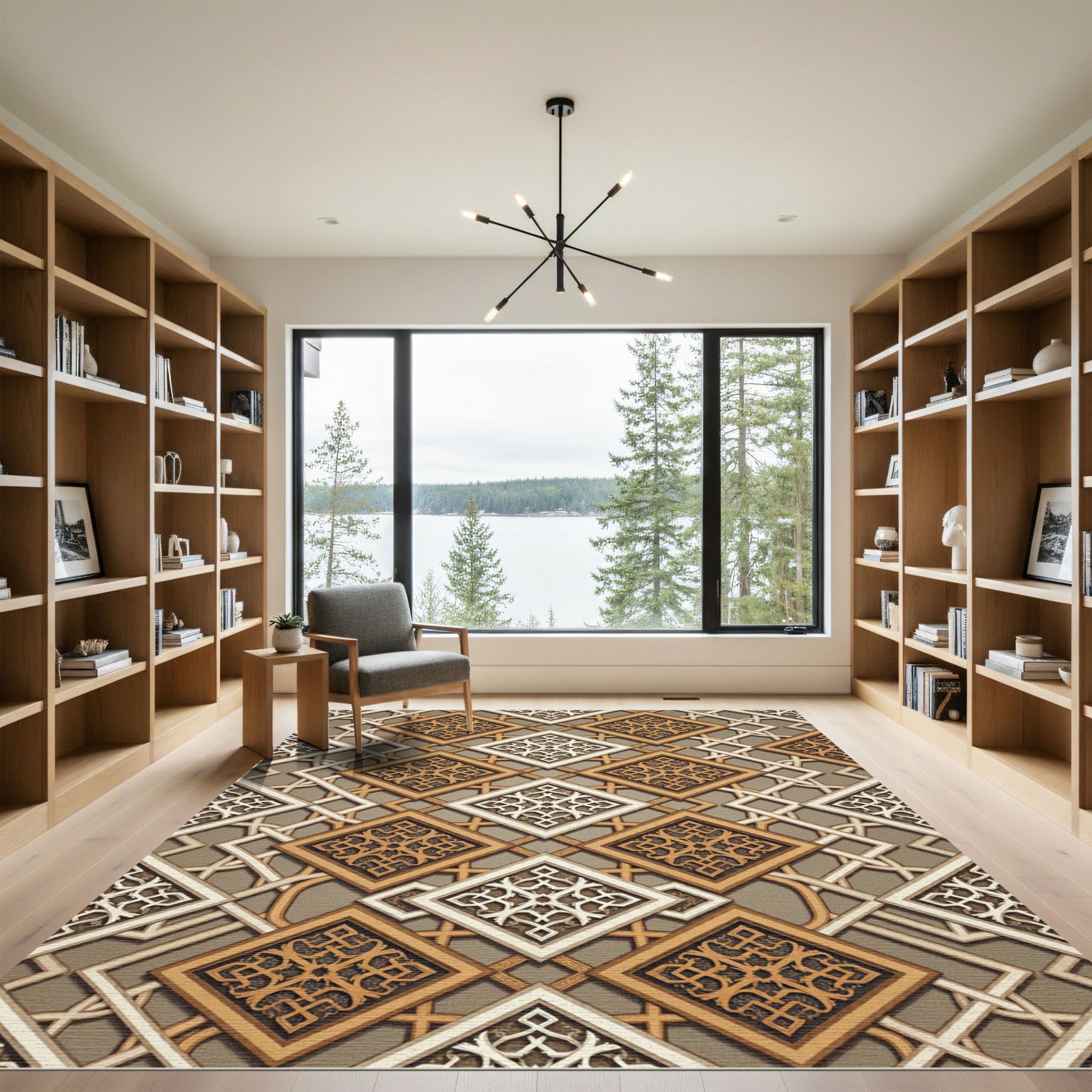 Gilded Geometric Lattice Interlocking Square Tile Rug