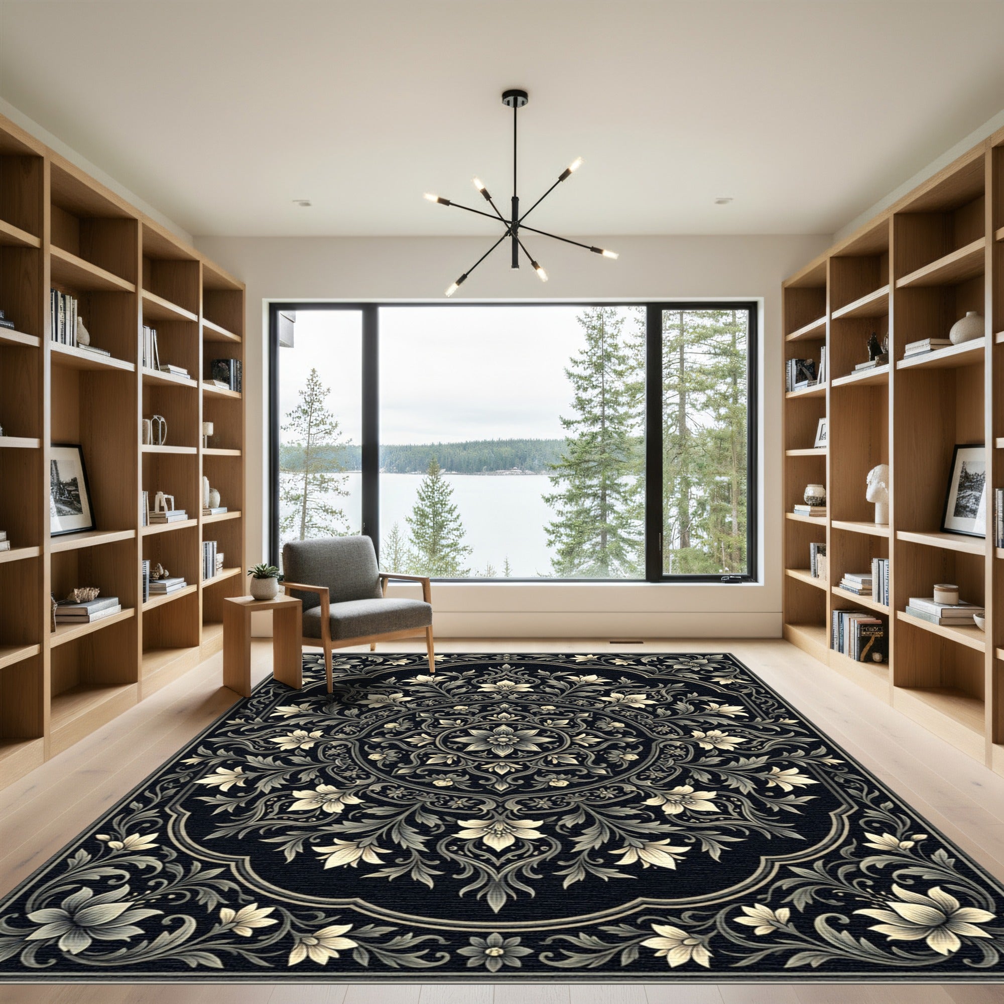 Cream Floral Scrollwork Black Rug
