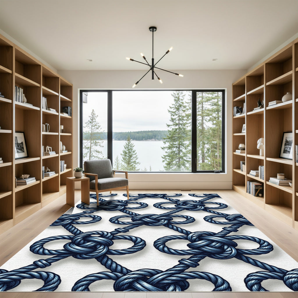 Navy Blue Interlocking Nautical Rope Grid Rug