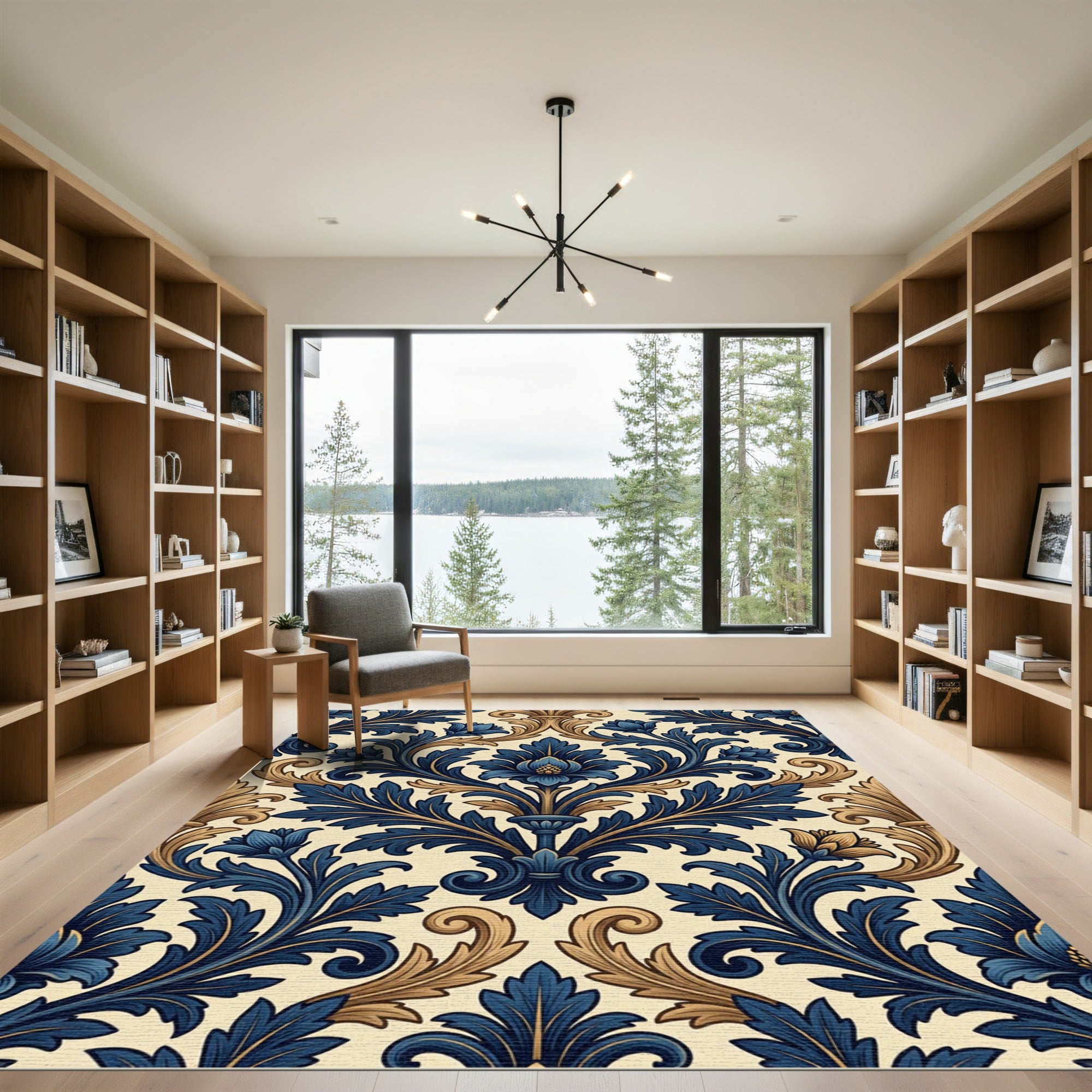 Navy Blue Golden Acanthus Scroll Rug