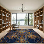 Gothic Navy Blue Gold Quatrefoil Ornate Rug