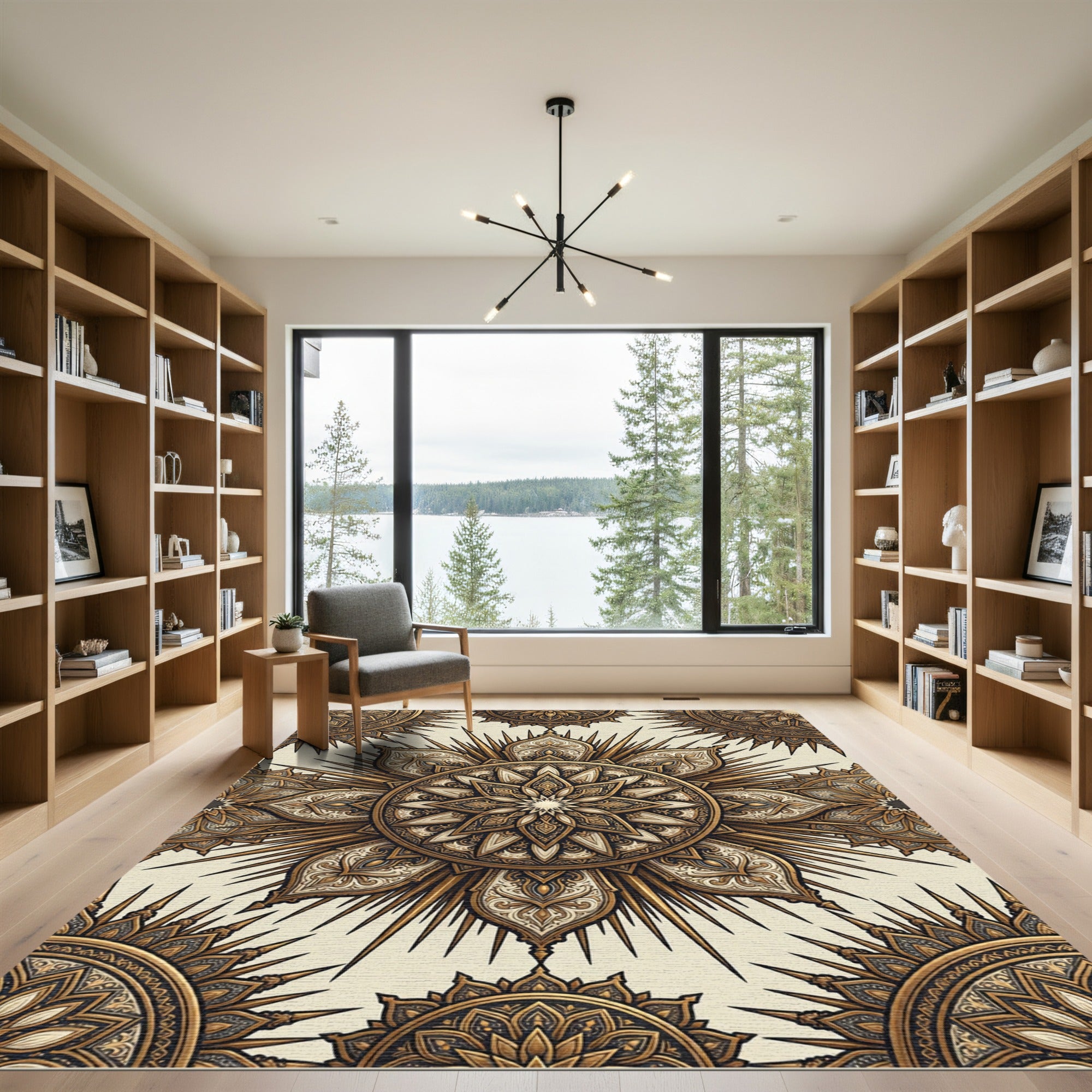 Golden Sunburst Medallion Mandala Rug