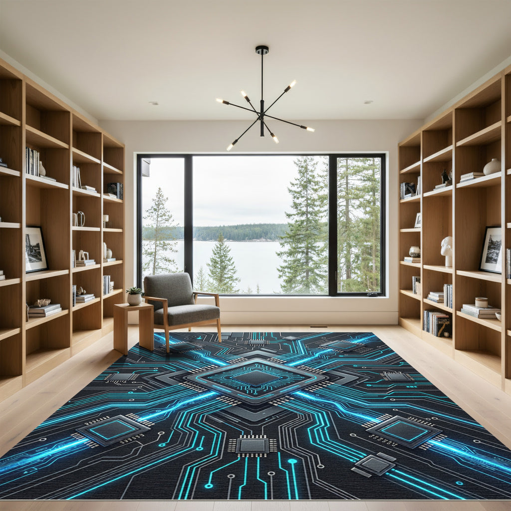 Futuristic Cyan Cyber Circuit Grid Rug
