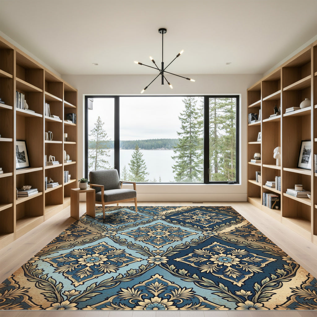 Ornate Indigo And Cerulean Damask Filigree Rug