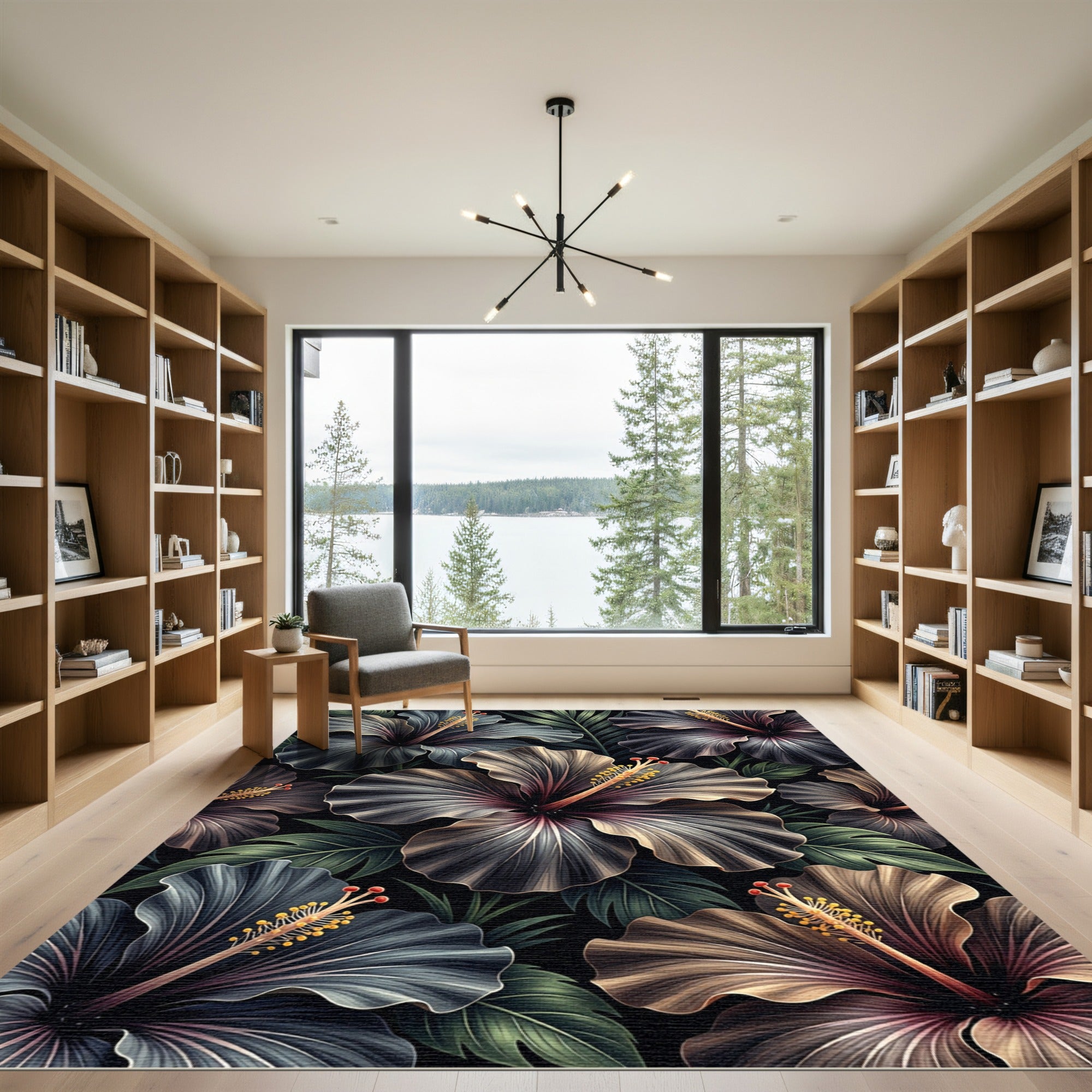 Dramatic Dark Floral Hibiscus Arrangement Rug