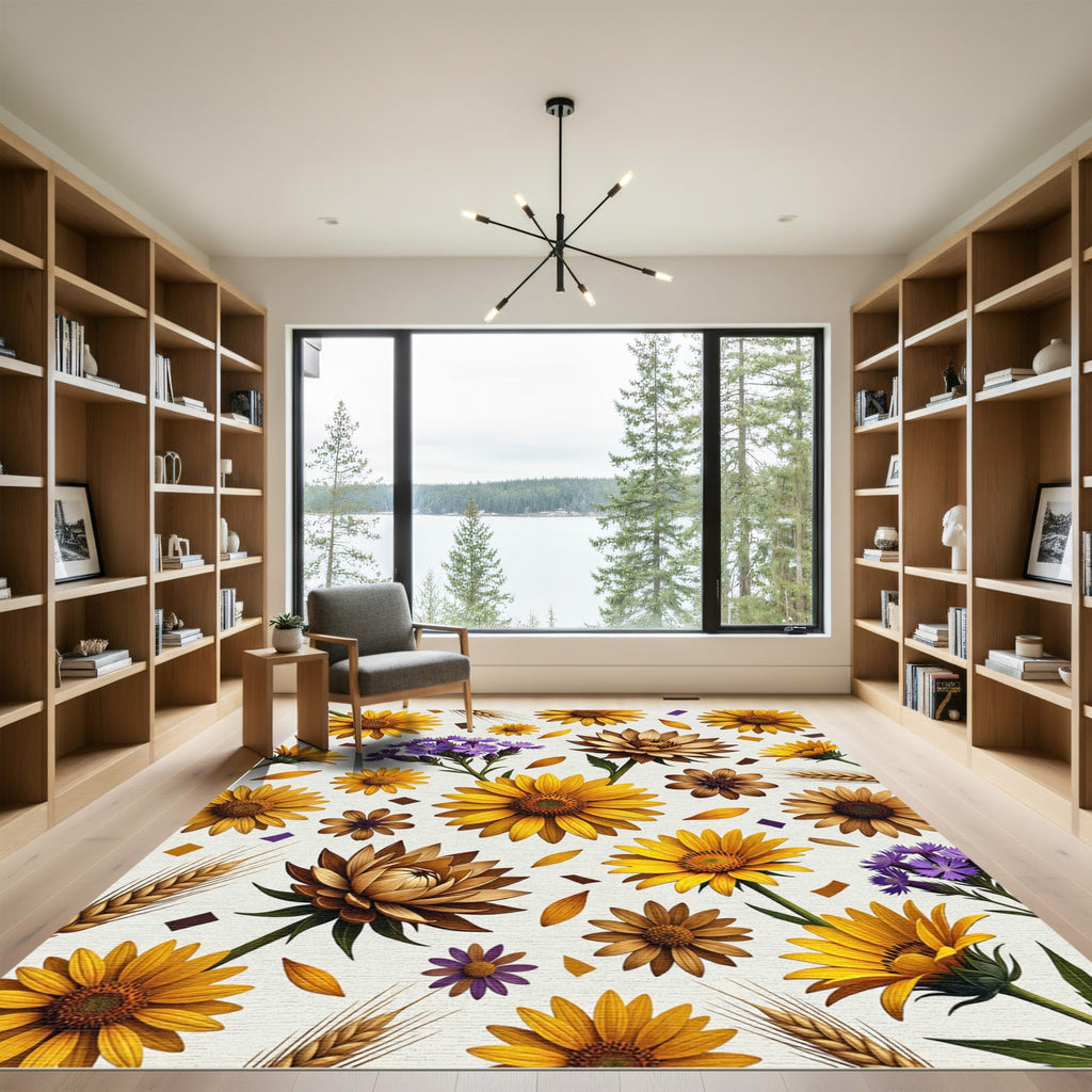 Sunny Sunflower Meadow with Wheat Field Rug