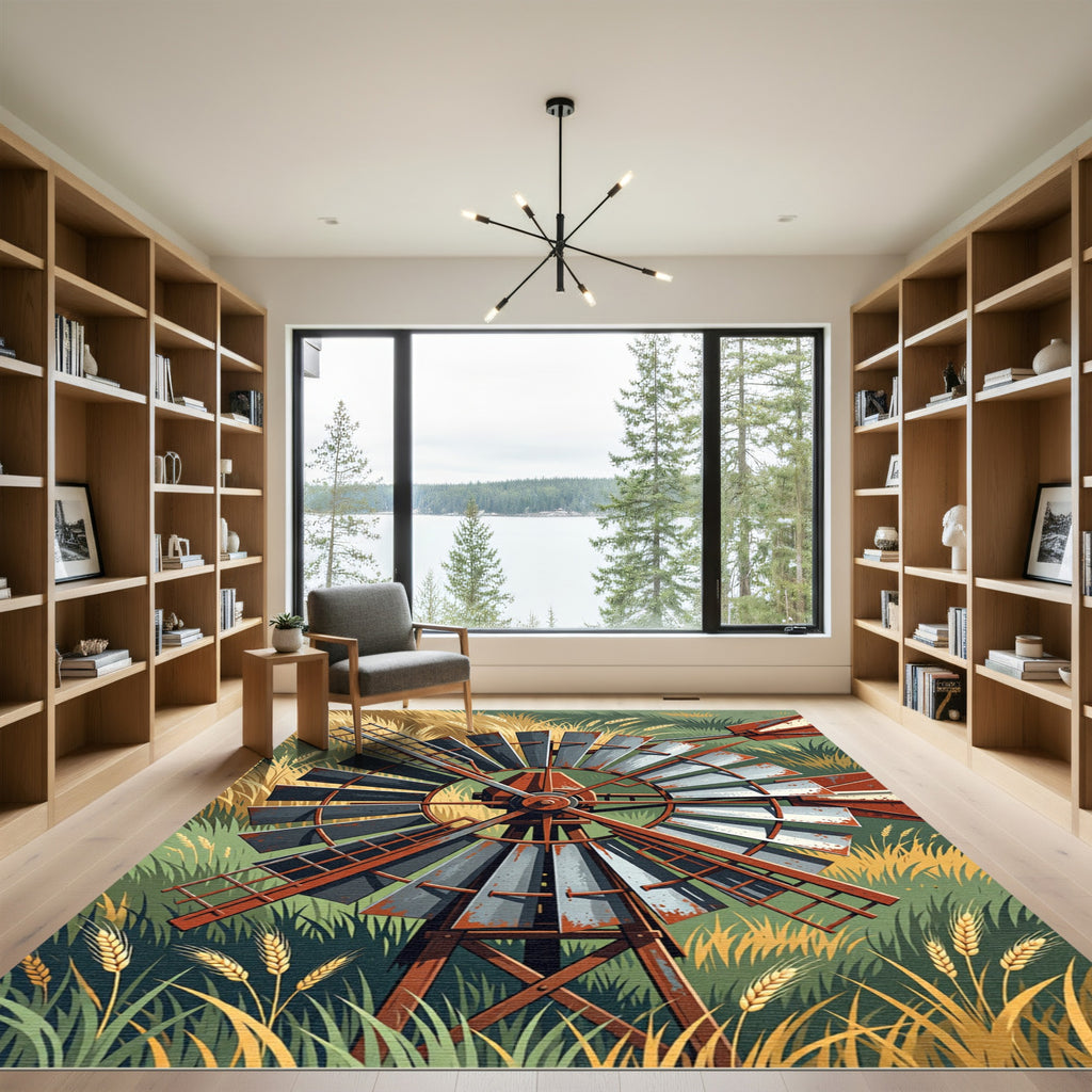 Rustic Golden Windmill Wheat Field Art Rug