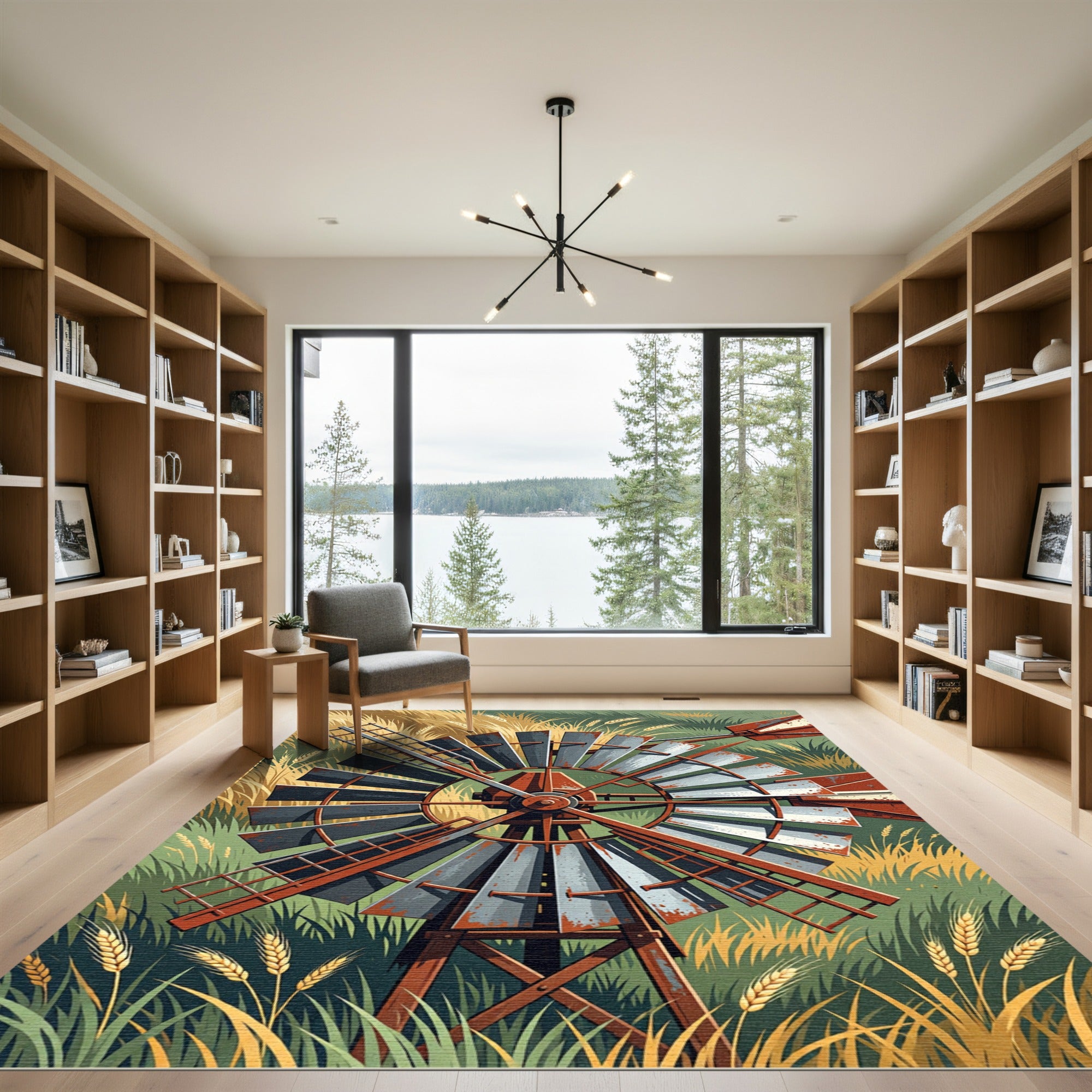 Rustic Golden Windmill Wheat Field Art Rug