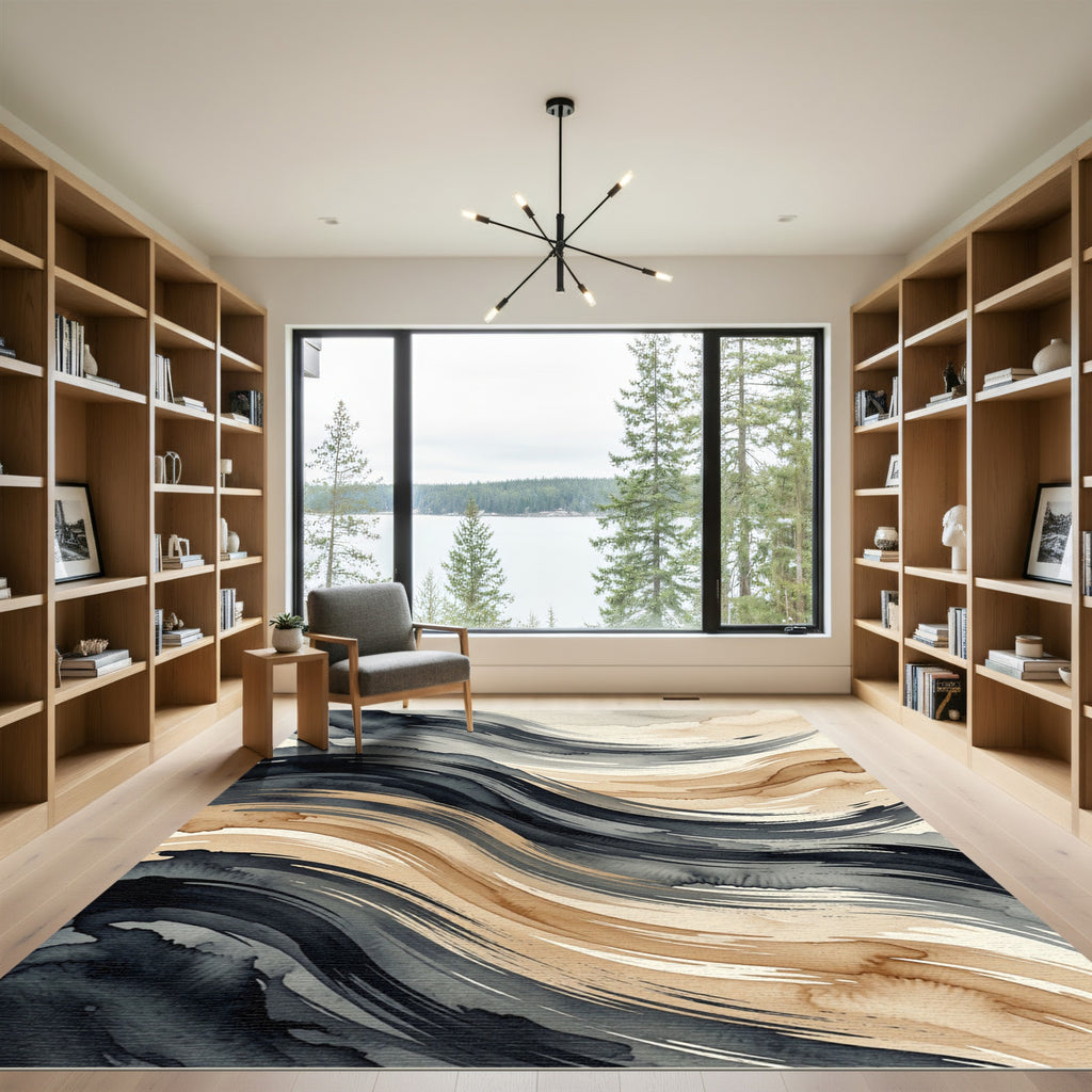 Fluid Abstract Charcoal and Umber Wave Rug