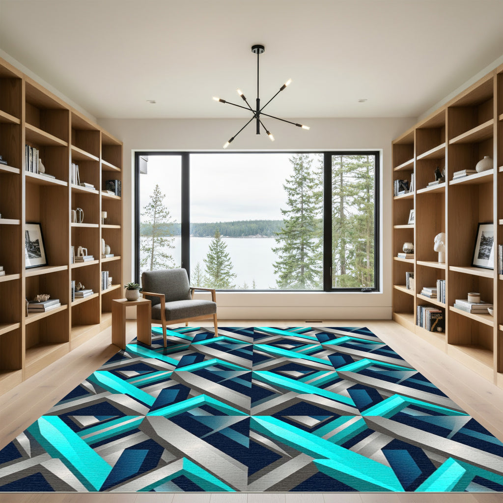 Geometric Teal Silver Abstract Sculpture Rug