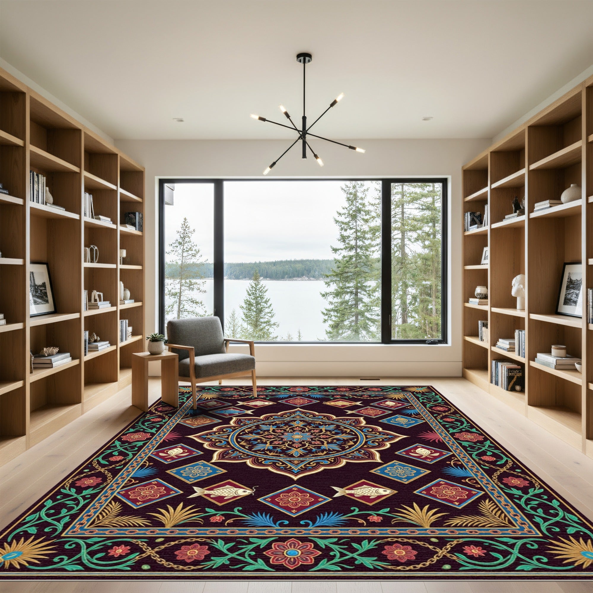 Ornate Deep Teal Koi Medallion Rug