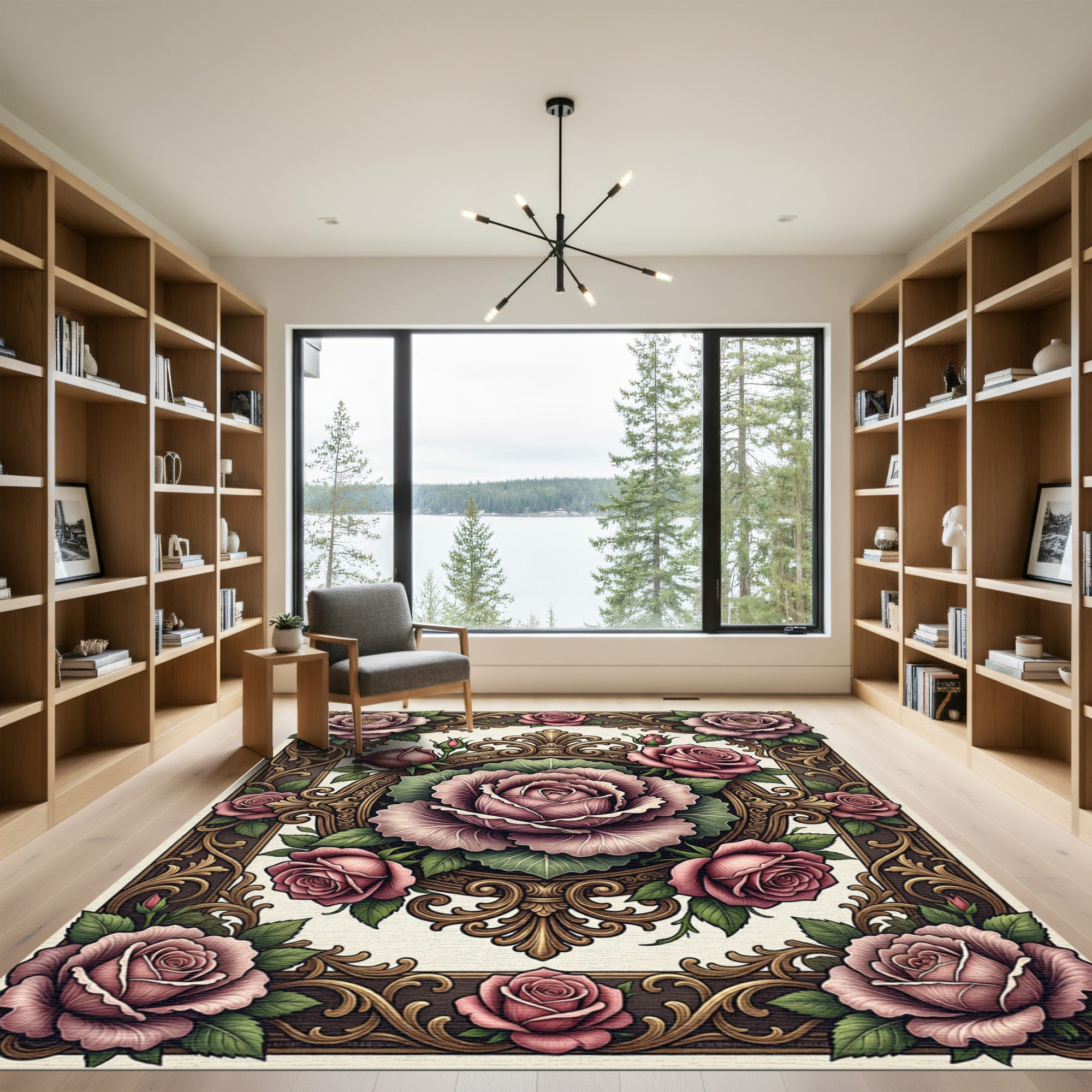 Ornate Pink Roses Floral Frame Rug