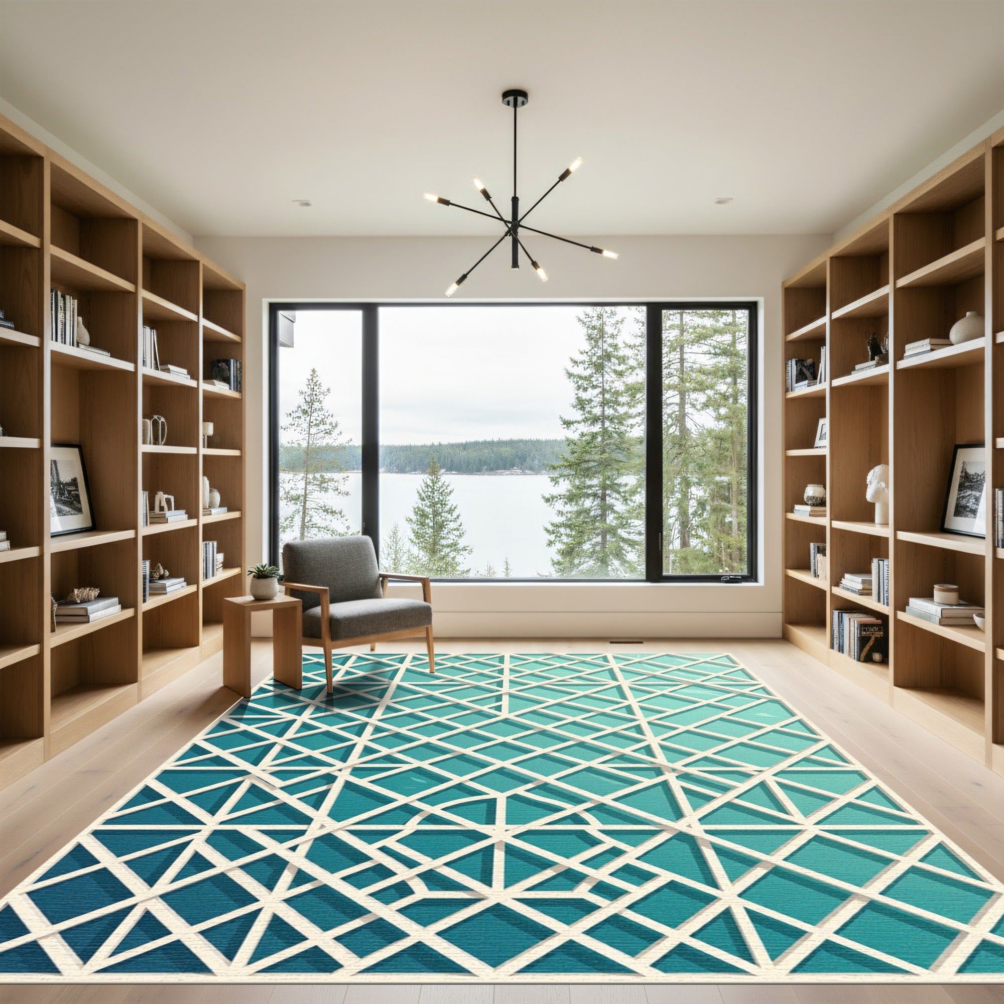 Teal Geometric Lattice Overlay Grid Rug