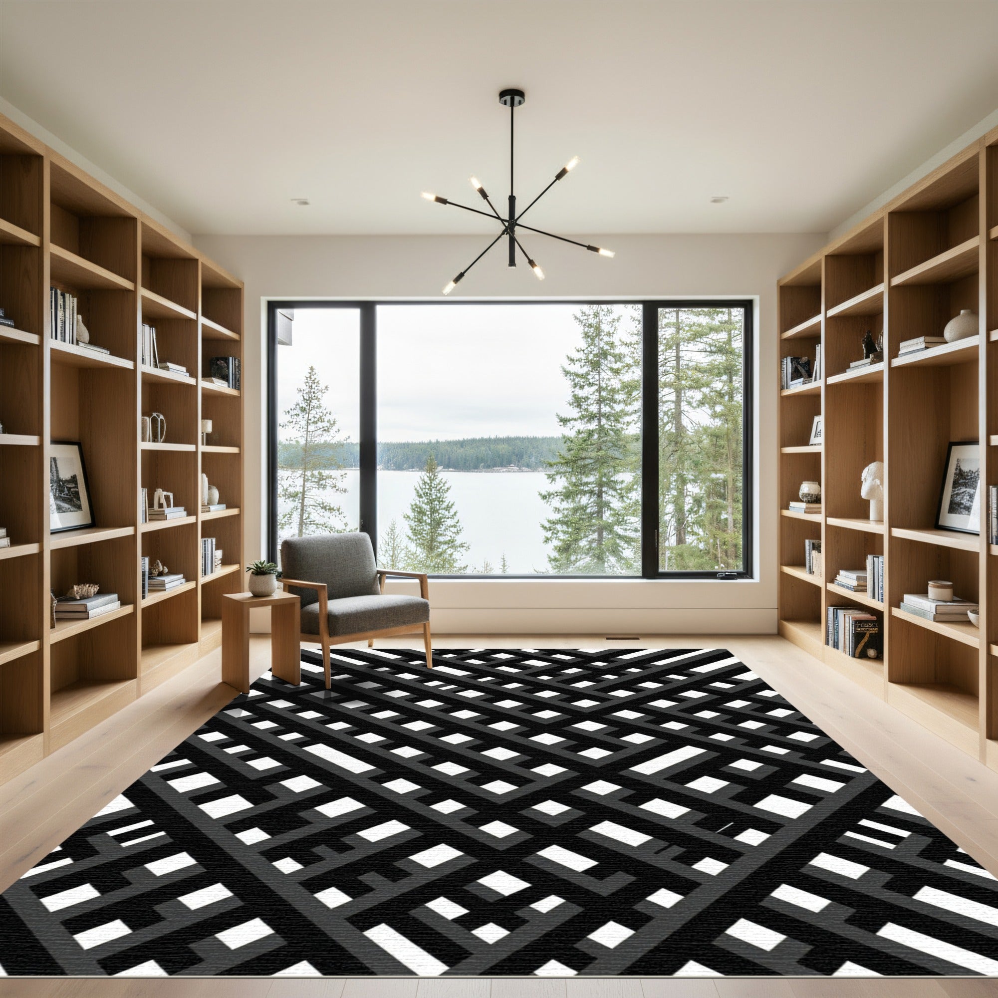 Modern Black White Interlocking Lines Rug