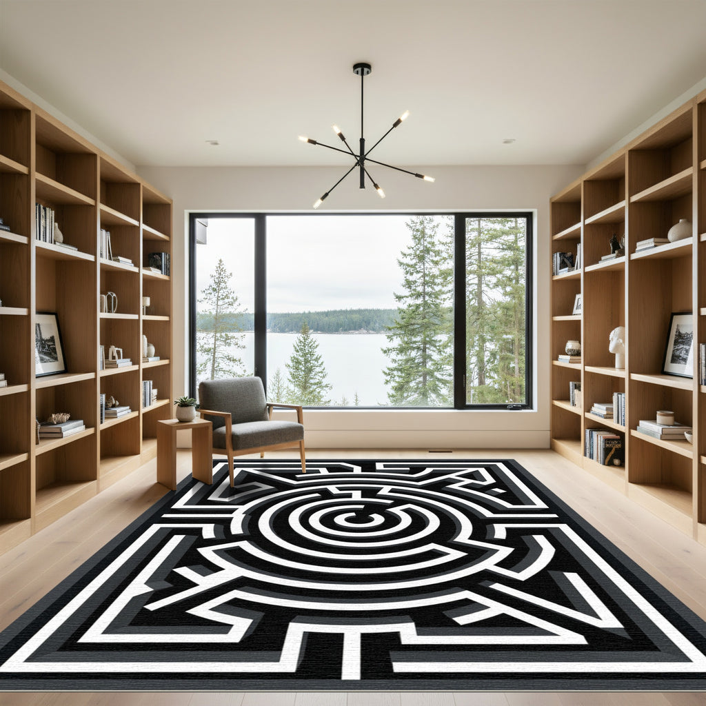 Modern Monochromatic Geometric Labyrinth Illusion Rug