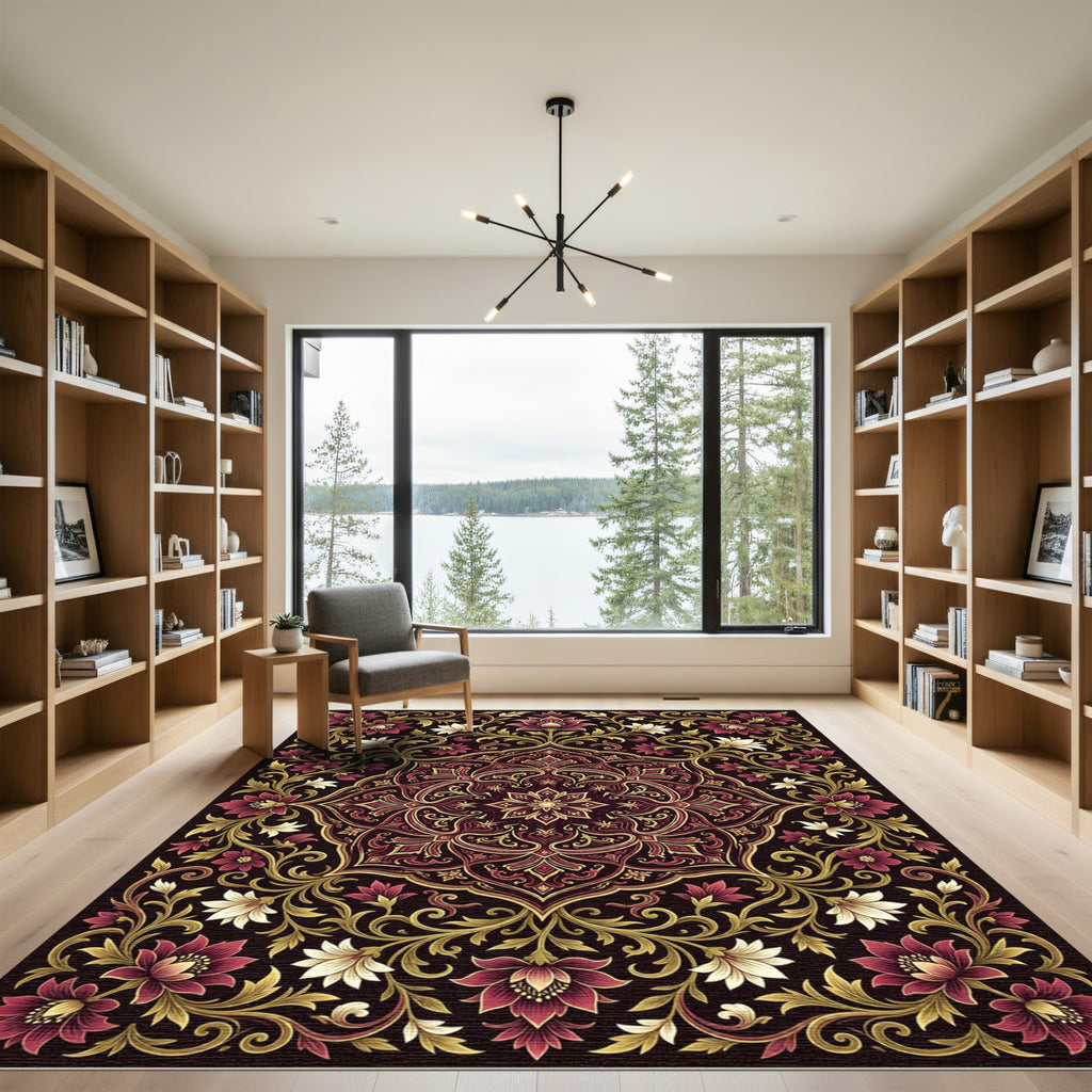 Ornate Crimson Floral Gold Medallion Rug